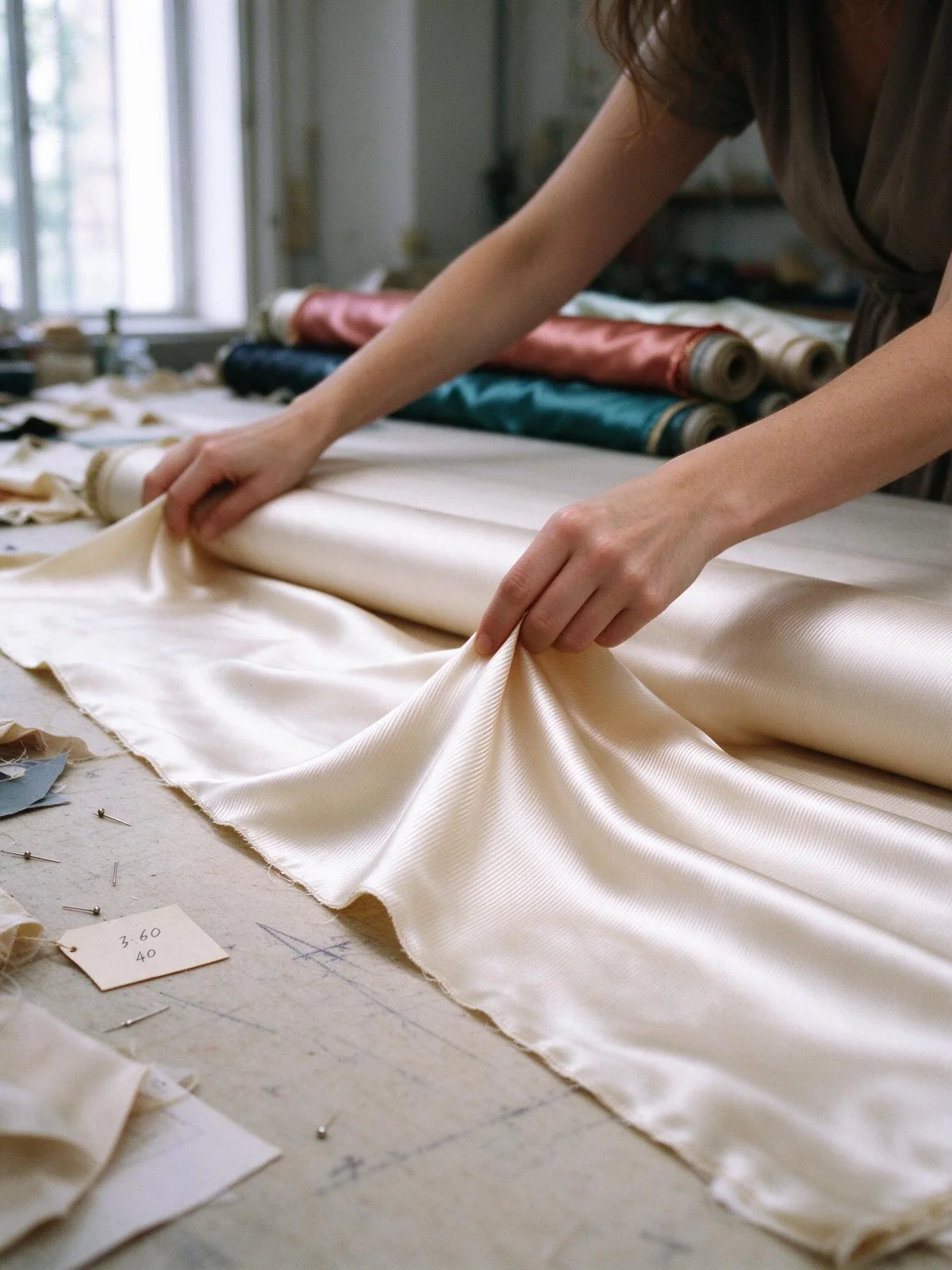 hands unrolling ivory silk twill on the cutting table in Como