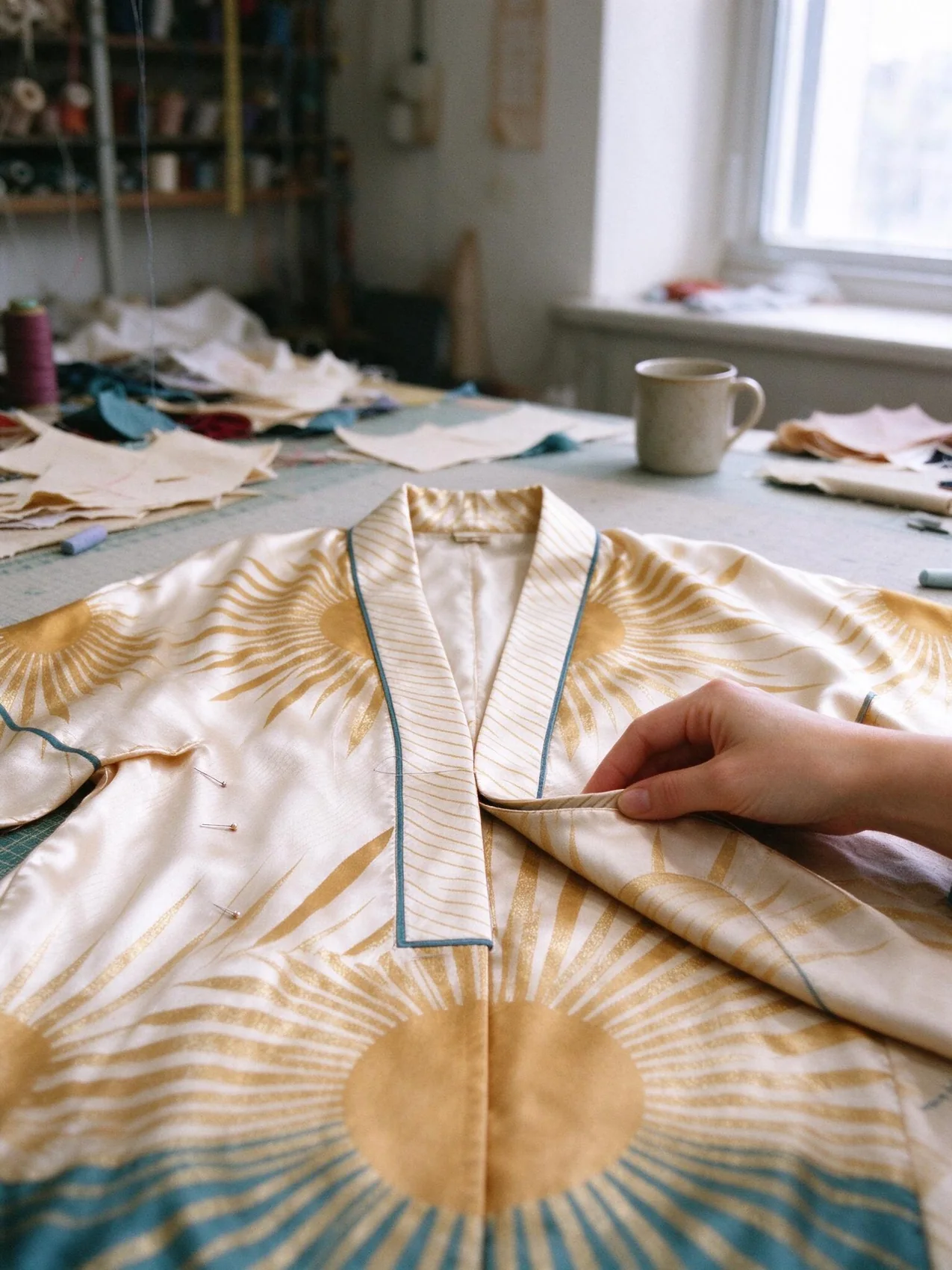 Solaro kimono, detail: the collar band ending square at the hip, the KIMOWI step, the edge turned back on the mirrored printed lining